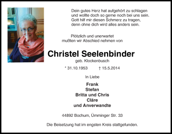 Traueranzeige von Christel Seelenbinder von Tageszeitung