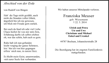 Traueranzeige von Franziska Meuser von Tageszeitung