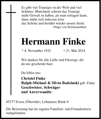 Traueranzeige von Hermann Finke von Tageszeitung