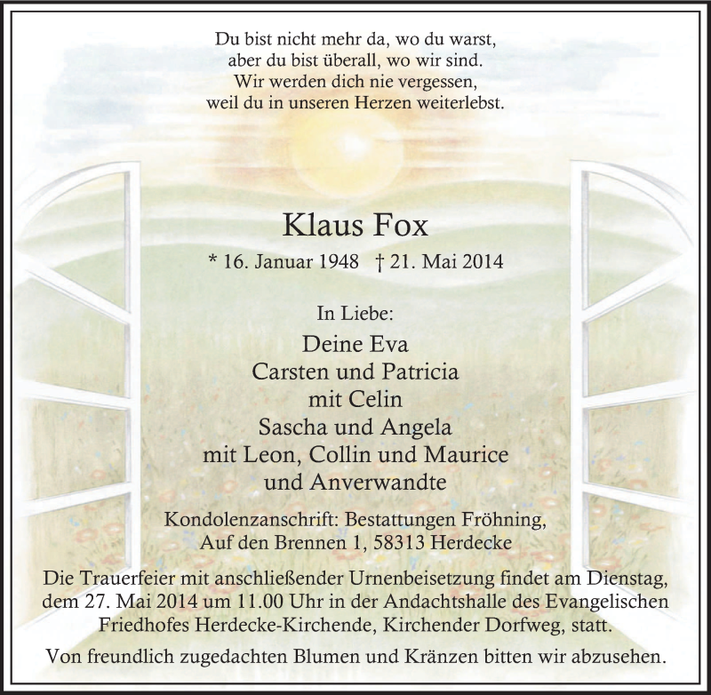  Traueranzeige für Klaus Fox vom 26.05.2014 aus Tageszeitung