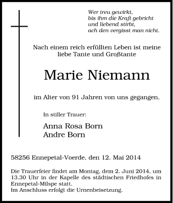 Traueranzeige von Marie Niemann von Tageszeitung