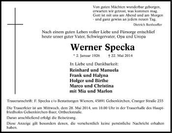 Traueranzeige von Werner Specka von Tageszeitung