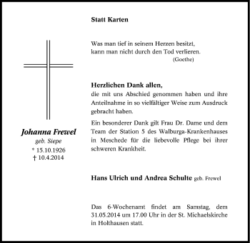 Traueranzeige von Johanna Frewel von Tageszeitung