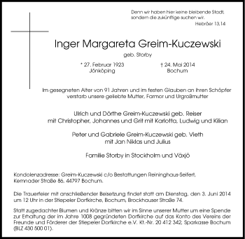 Traueranzeige von Inger Margareta Greim-Kuczewski von Tageszeitung