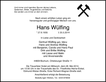 Traueranzeige von Hans Wülfing von Tageszeitung