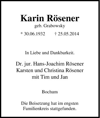 Traueranzeige von Karin Rösener von Tageszeitung