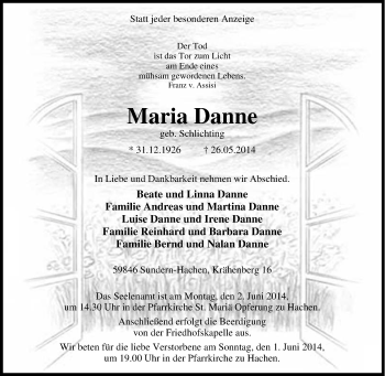 Traueranzeige von Maria Danne von Tageszeitung