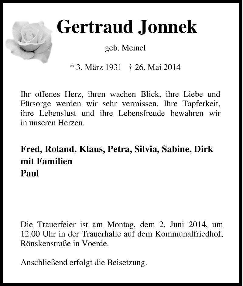  Traueranzeige für Gertraud Jonnek vom 28.05.2014 aus Tageszeitung