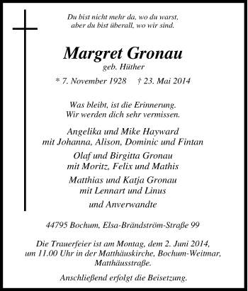 Traueranzeige von Margret Gronau von Tageszeitung
