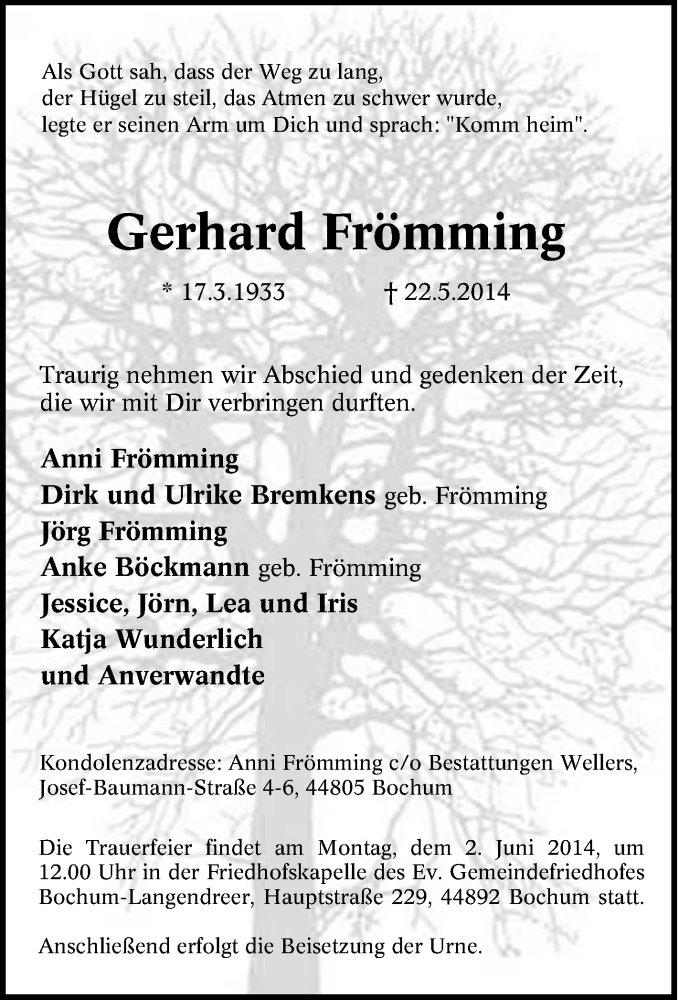  Traueranzeige für Gerhard Frömming vom 28.05.2014 aus Tageszeitung