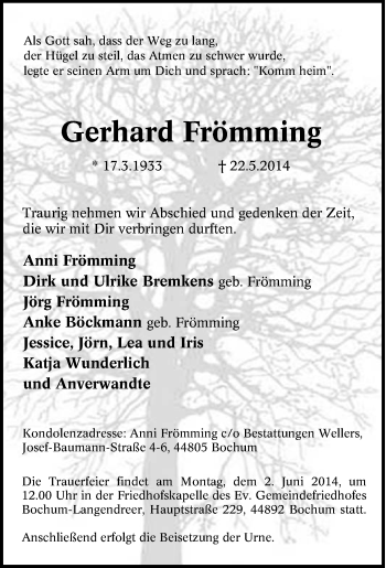 Traueranzeige von Gerhard Frömming von Tageszeitung