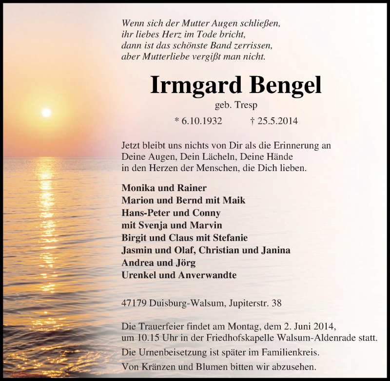  Traueranzeige für Irmgard Bengel vom 28.05.2014 aus Tageszeitung