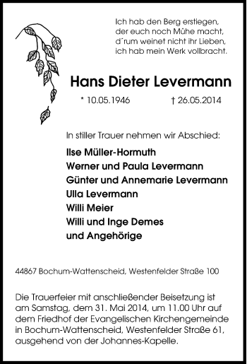 Traueranzeige von Hans Dieter Levermann von Tageszeitung