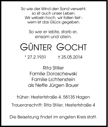 Traueranzeige von Günter Gocht von Tageszeitung