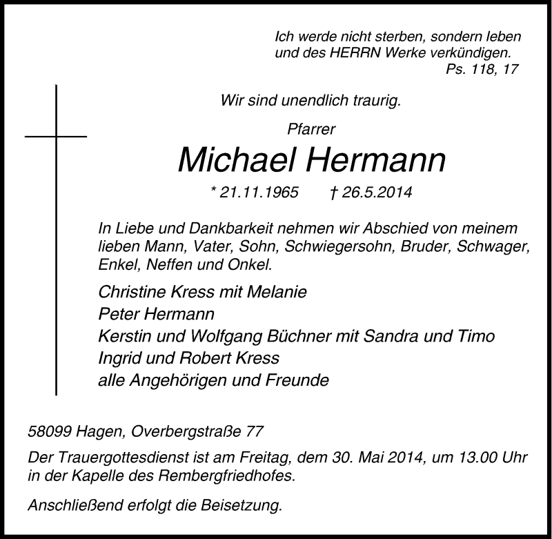  Traueranzeige für Michael Hermann vom 28.05.2014 aus Tageszeitung