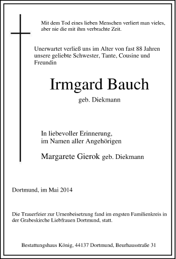 Traueranzeige von Irmgard Bauch von Tageszeitung