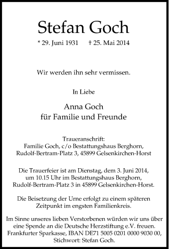 Traueranzeige von Stefan Goch von Tageszeitung