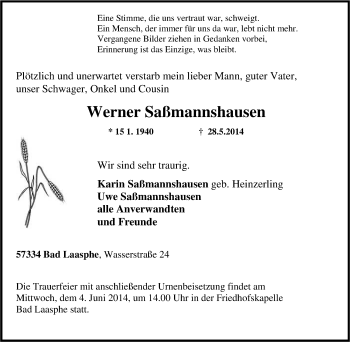 Traueranzeige von Werner Saßmannshausen von Tageszeitung