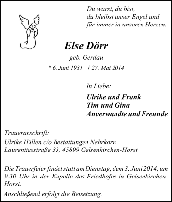 Traueranzeige von Else Dörr von Tageszeitung