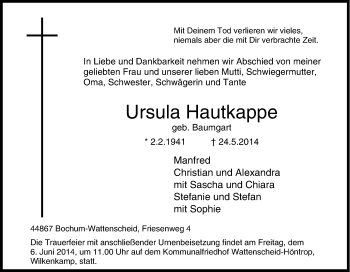 Traueranzeige von Ursula Hautkappe von Tageszeitung
