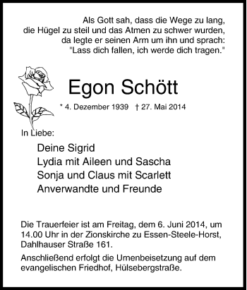 Traueranzeige von Egon  Schött von Tageszeitung