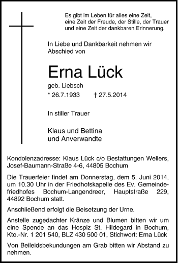 Traueranzeige von Erna Lück von Tageszeitung