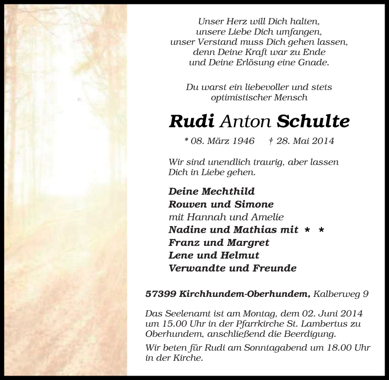 Traueranzeigen von Rudi Anton Schulte TrauerinNRW.de