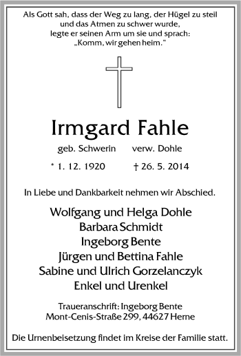 Traueranzeige von Imgard Fahle von Tageszeitung