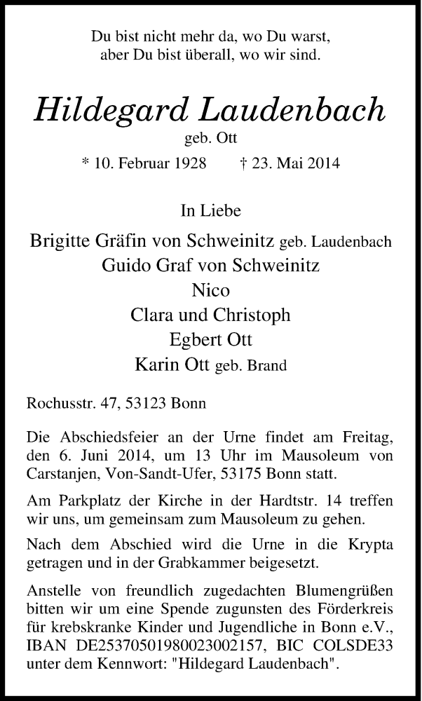  Traueranzeige für Hildegard Laudenbach vom 31.05.2014 aus Tageszeitung
