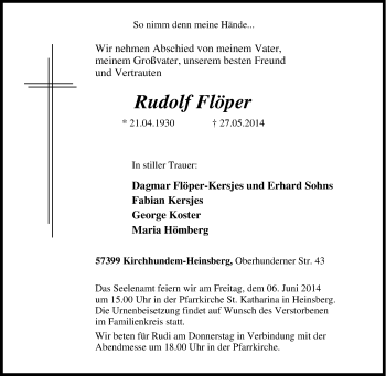 Traueranzeige von Rudolf Flöper von Tageszeitung