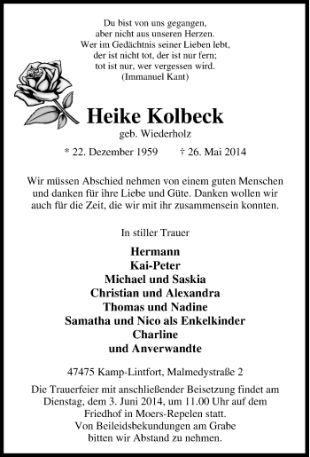 Traueranzeige von Heike Kolbeck von Tageszeitung