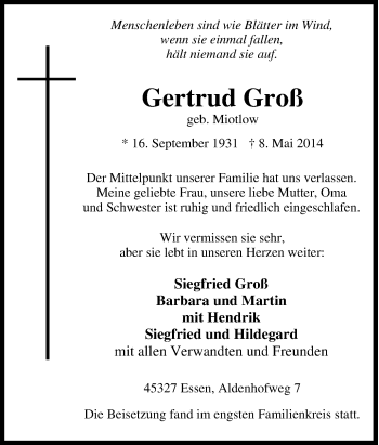 Traueranzeige von Gertrud Groß von Tageszeitung