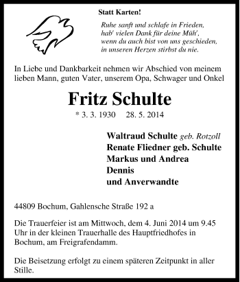 Traueranzeige von Fritz Schulte von Tageszeitung
