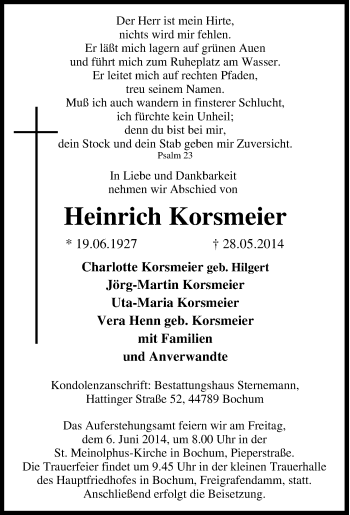 Traueranzeige von Heinrich Korsmeier von Tageszeitung