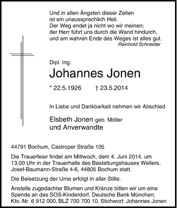 Traueranzeige von Johannes Jonen von Tageszeitung