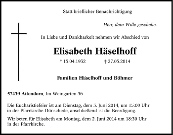 Traueranzeige von Elisabeth Häselhoff von Tageszeitung