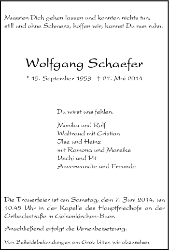 Traueranzeige von Wolfgang Sckaefer von Tageszeitung