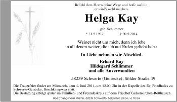 Traueranzeige von Helga Kay von Tageszeitung