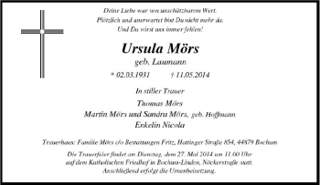 Traueranzeige von Ursula Mörs von Tageszeitung