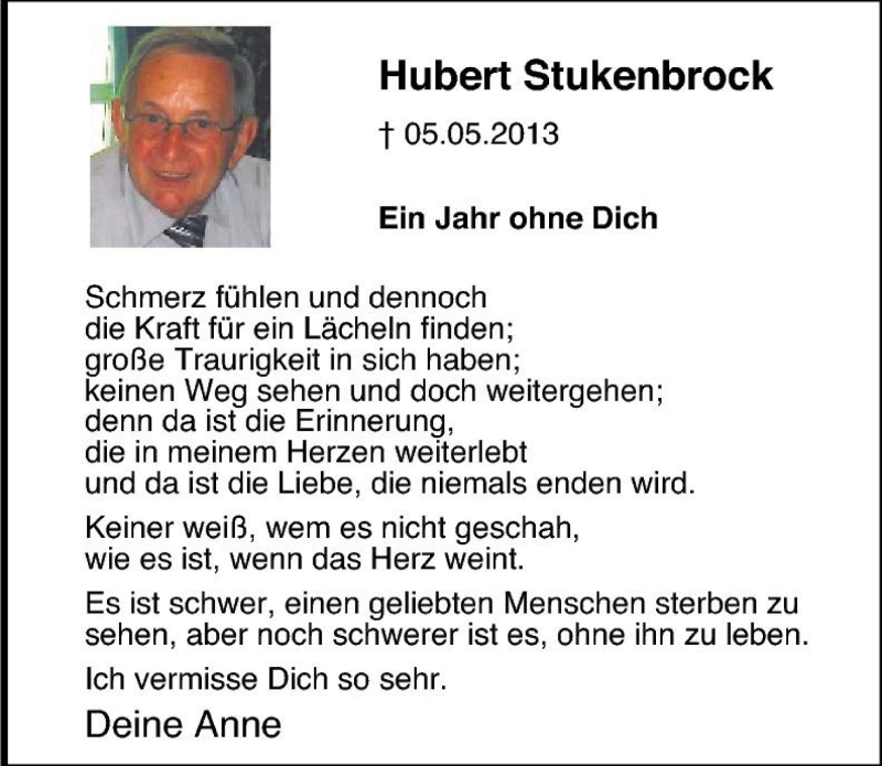  Traueranzeige für Hubert Stukenbrock vom 05.05.2014 aus Tageszeitung