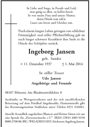 Traueranzeige von Ingeborg Jansen von Tageszeitung