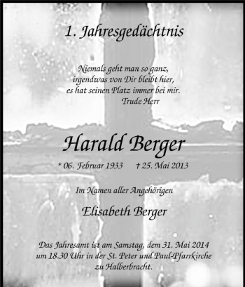 Traueranzeige von Harald Berger von Tageszeitung