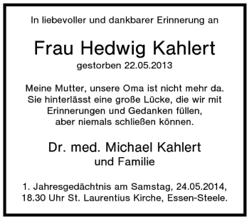 Traueranzeige von Hedwig Kahlert von Tageszeitung