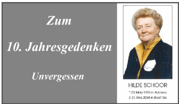 Traueranzeige von Hilde Schoor von Tageszeitung