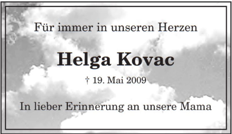  Traueranzeige für Helga Kovac vom 19.05.2014 aus Tageszeitung