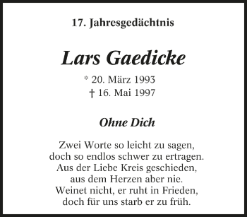 Traueranzeige von Lars Gaedicke von Tageszeitung