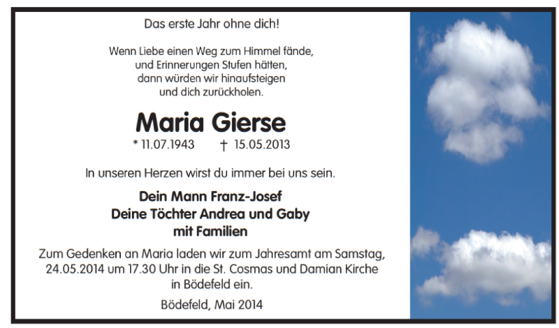  Traueranzeige für Maria Gierse vom 15.05.2014 aus Tageszeitung