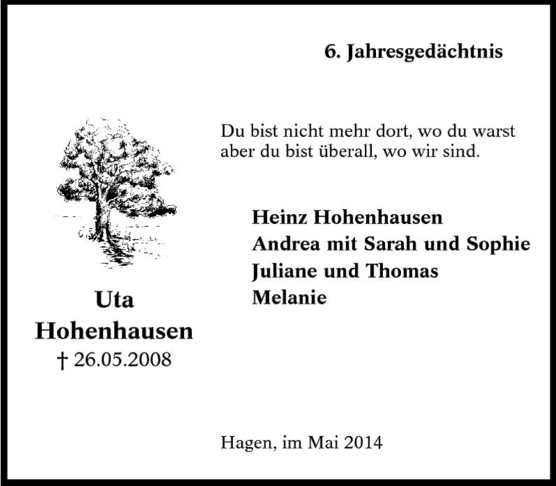  Traueranzeige für Uta Hohenhausen vom 26.05.2014 aus Tageszeitung