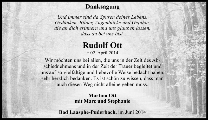  Traueranzeige für Rudolf Ott vom 26.06.2014 aus Tageszeitung