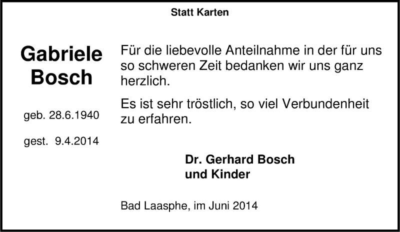  Traueranzeige für Gabriele Bosch vom 06.06.2014 aus Tageszeitung